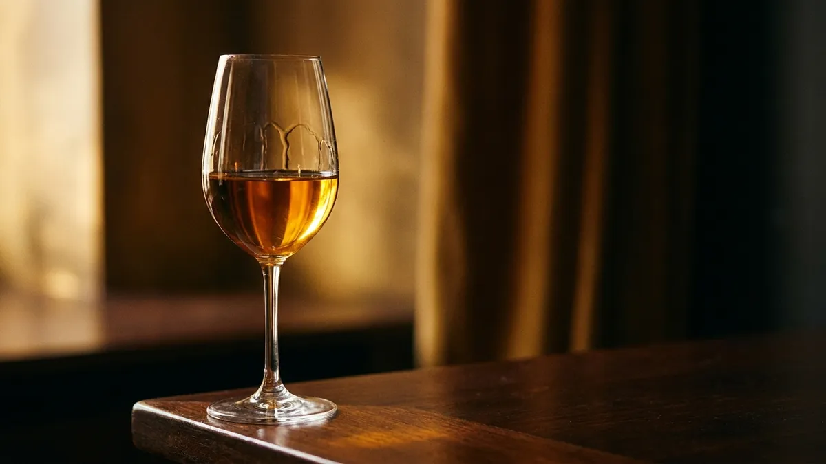A glass of deep-gold Sauternes catching warm light, its viscous legs sliding down the bowl against a dark background