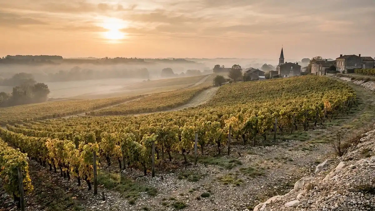Golden-hour view over the gently rolling vineyards of Sauternes near the Ciron river, low autumn mist hanging between the vine rows