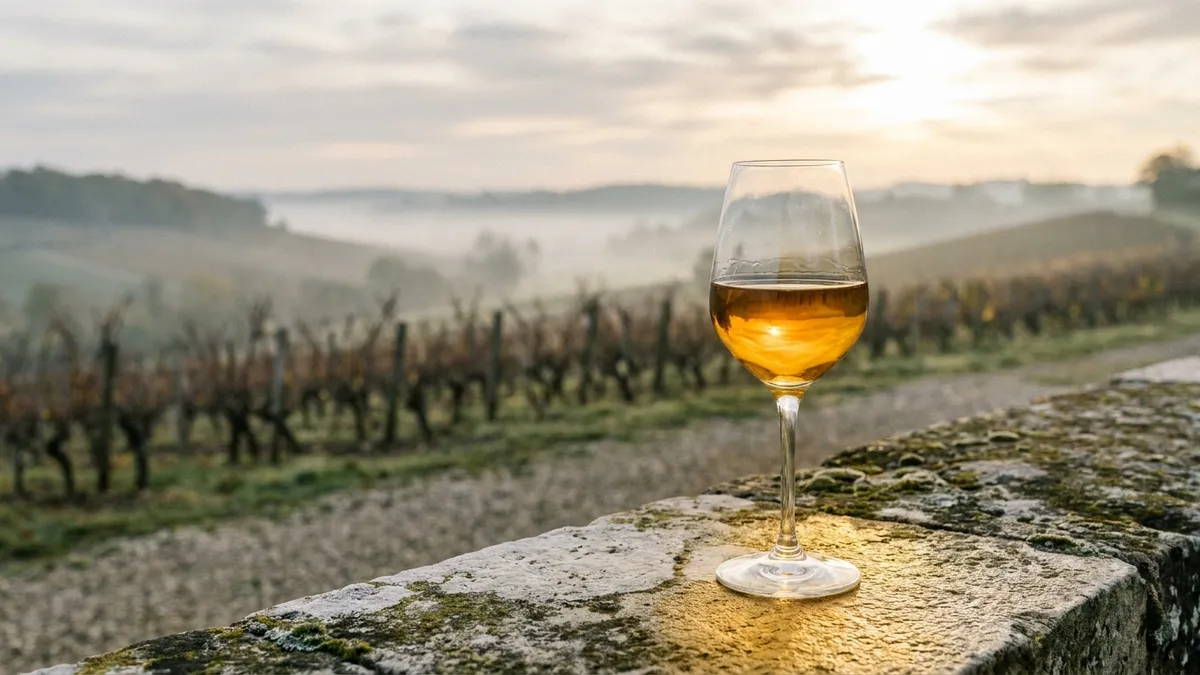 A glass of golden-amber Sauternes catching low autumn light beside misty Bordeaux vineyard slopes