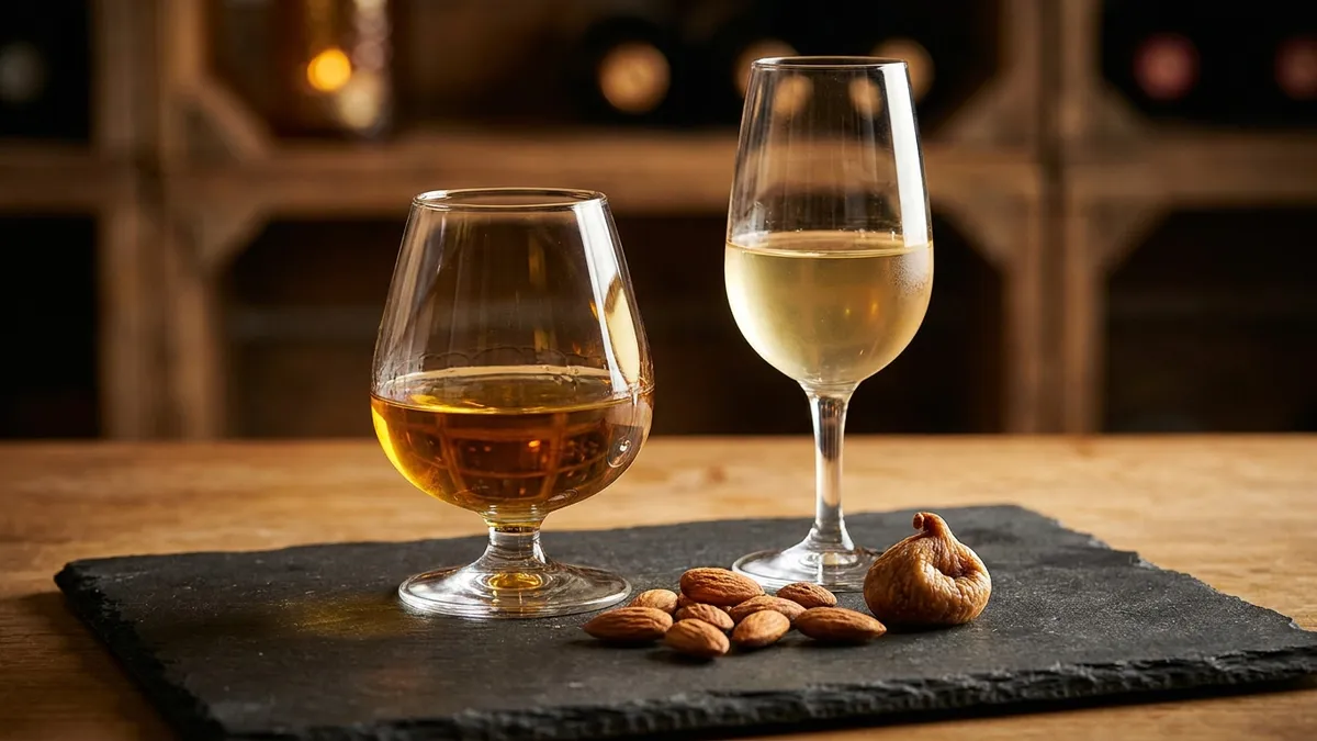 A glass of golden Vin Jaune beside a paler glass of fino Sherry, both on a slate surface with almonds scattered between them
