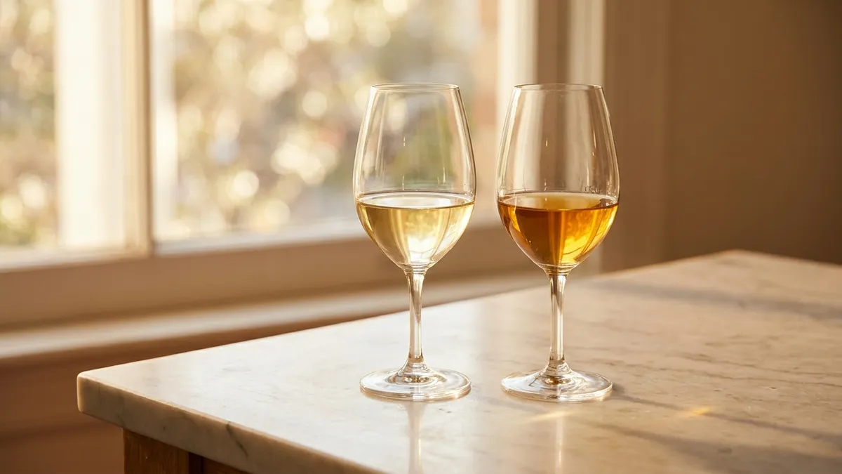 Two glasses of Savagnin side by side, one pale and one deep amber, showing the difference between fresh and oxidative styles