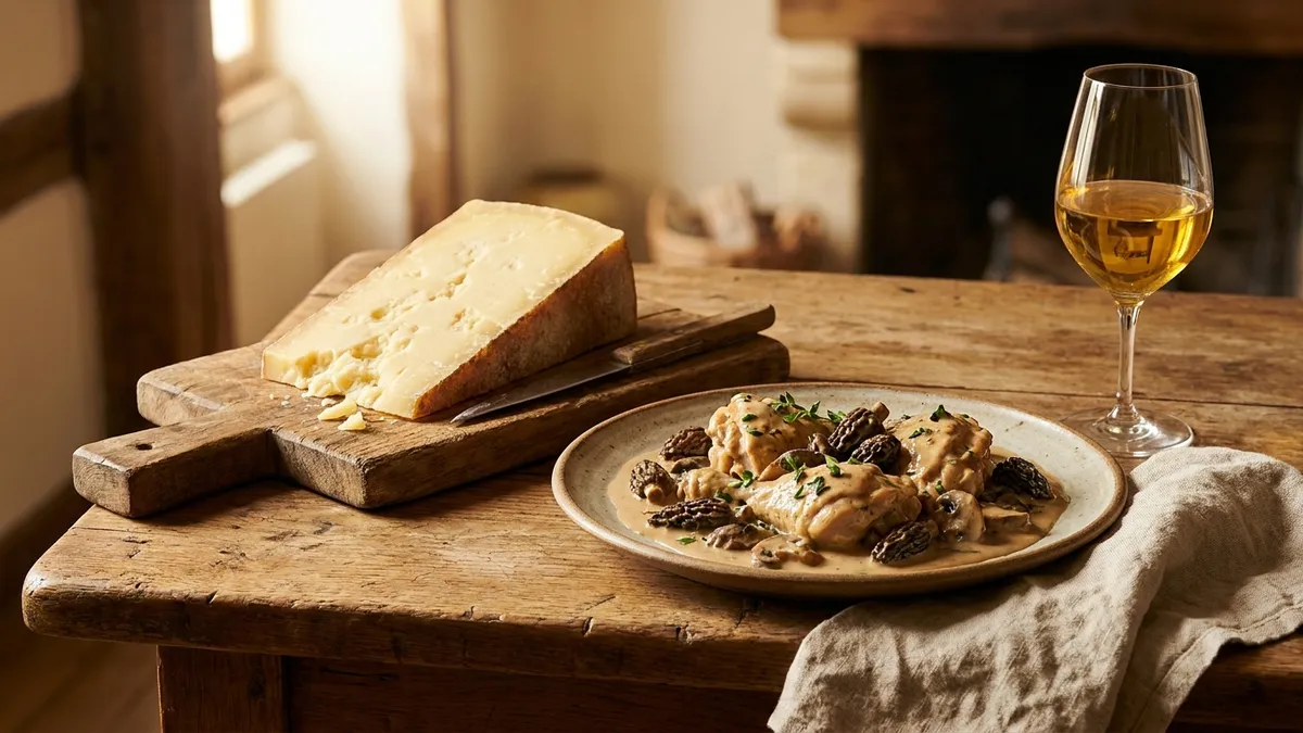 A wedge of aged Comte cheese and a plate of chicken in cream sauce with morel mushrooms beside a glass of Vin Jaune