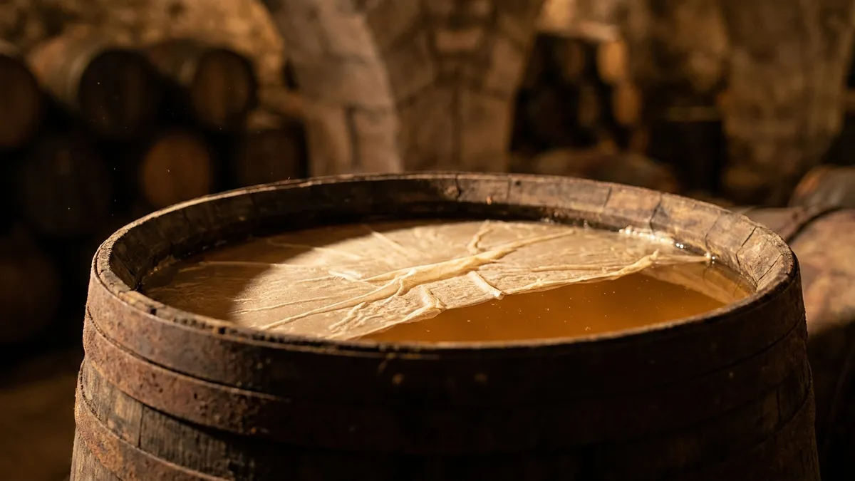 A barrel of Vin Jaune with a visible pale film of flor yeast floating on the wine surface
