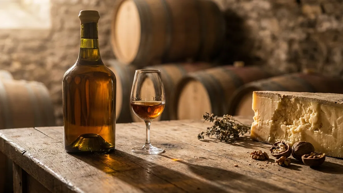A squat clavelin bottle and a small glass of deep golden Vin Jaune beside a wedge of aged Comte cheese on a rustic wooden table