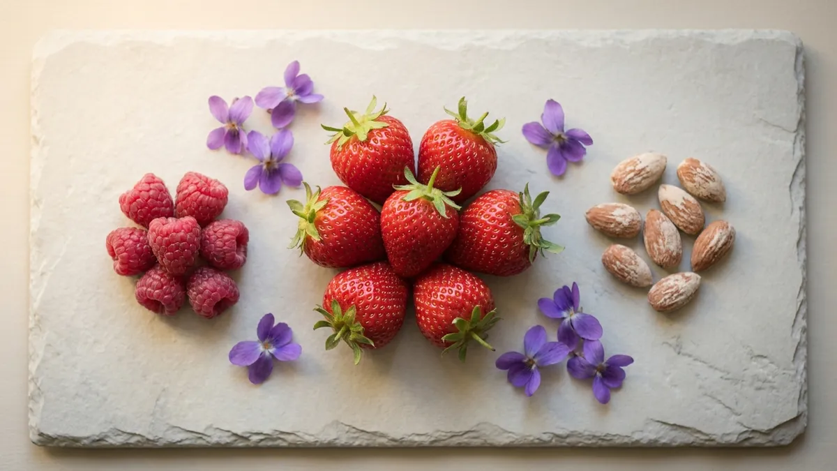 A flat-lay of Schiava tasting cues: fresh strawberries, raspberries, violet flowers, and a few almonds arranged on a pale slate board