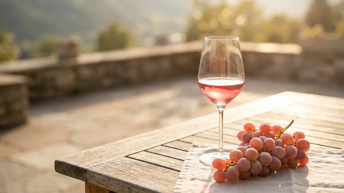 A pale translucent glass of Schiava wine beside a bunch of light-skinned grapes on an Alpine wooden table in warm afternoon light