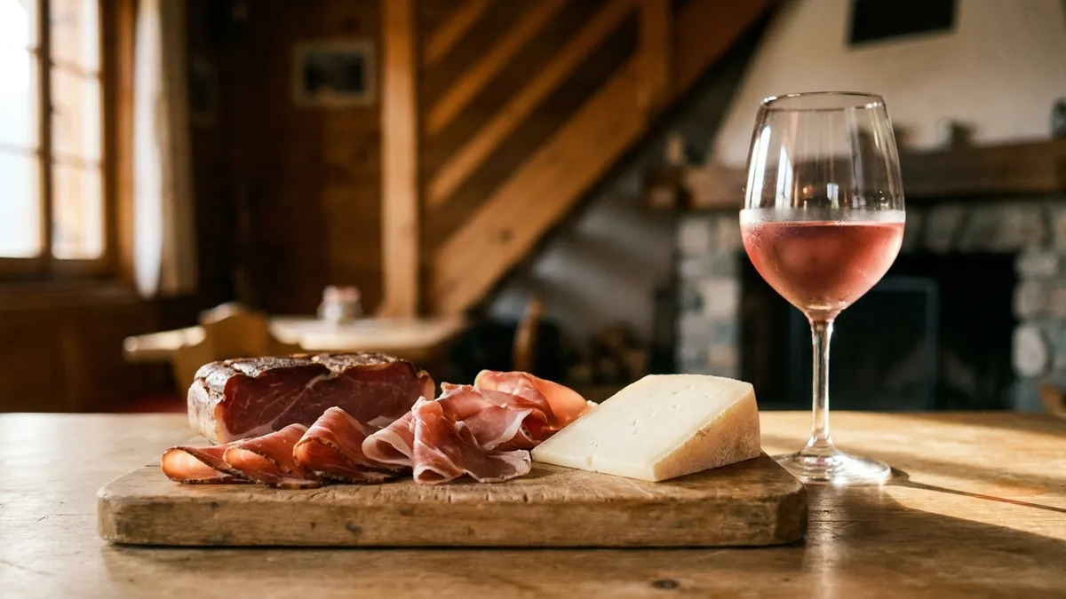 A rustic Alpine table set with speck, prosciutto, and mild cheese beside a chilled glass of pale Schiava wine