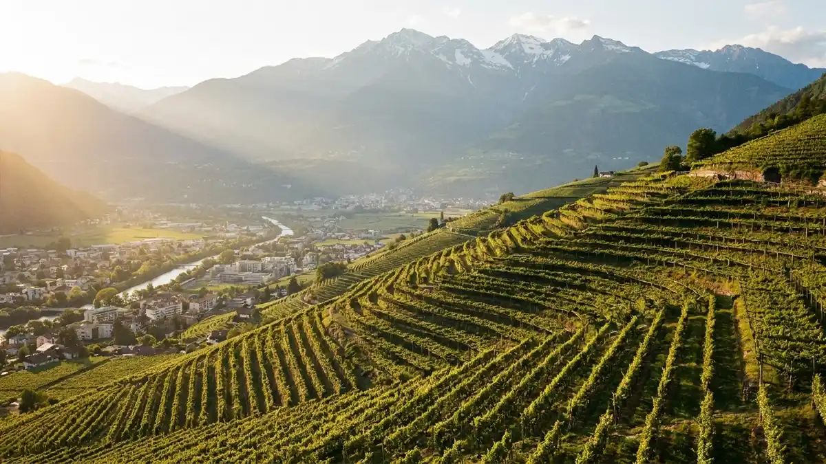 Steep terraced vineyards above the town of Bolzano in Alto Adige at golden hour with Alpine peaks in the distance