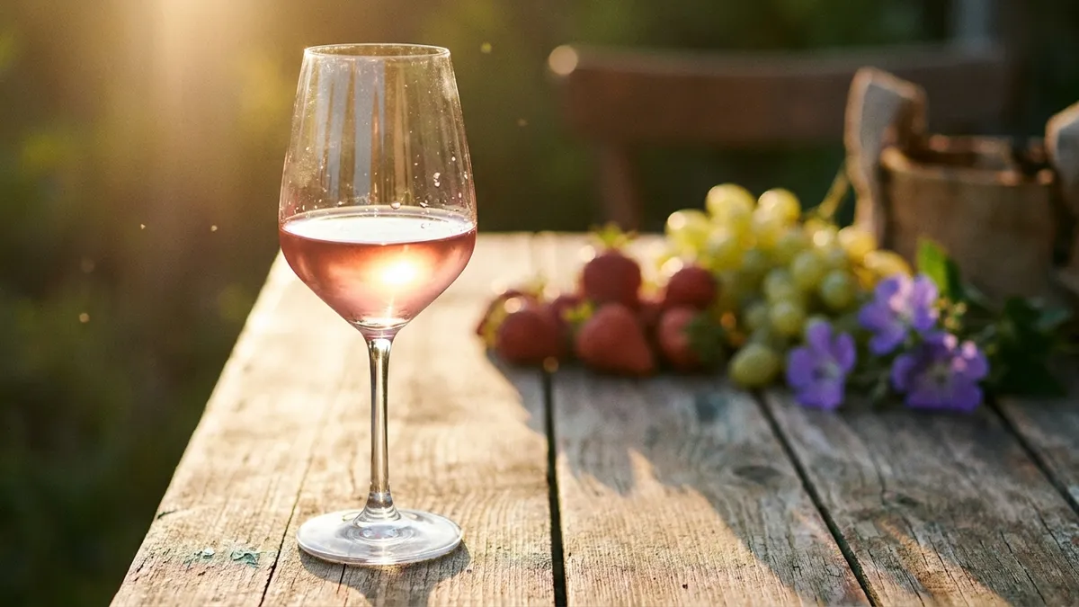 A glass of pale, translucent ruby Schiava wine on a wooden table with fresh strawberries and violets in soft focus behind