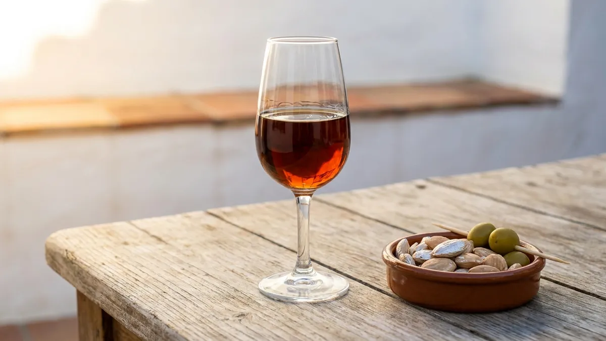 Glasses of pale Fino and dark Oloroso Sherry alongside tapas on a bar counter