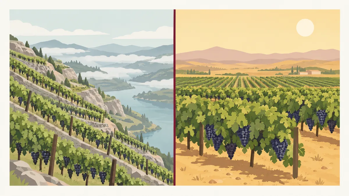 Two vineyard scenes side by side: a misty, terraced cool hillside on the left and a sunny, flat warm vineyard on the right