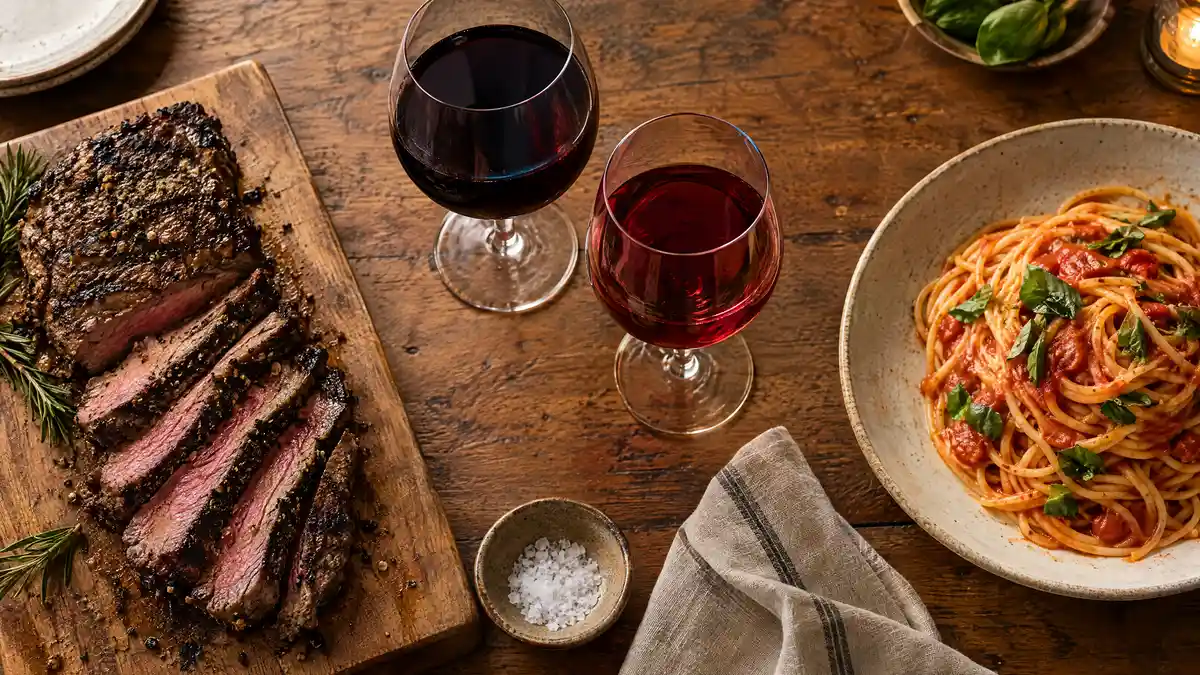 A pepper-crusted grilled steak and a bowl of tomato spaghetti on a wooden table, with an inky purple glass and a ruby glass of red wine between them