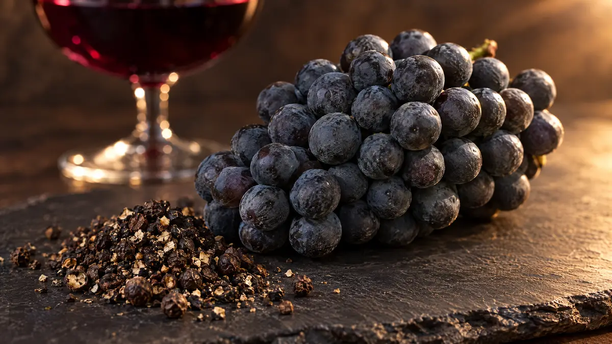 A cluster of blue-black Syrah grapes beside cracked black peppercorns, with a glass of deep purple-red wine behind