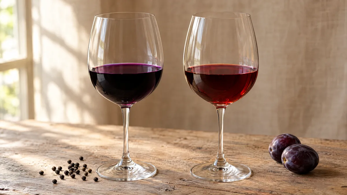 Two glasses of red wine side by side, one inky purple-black Shiraz with peppercorns at its base and one ruby Merlot beside two plums