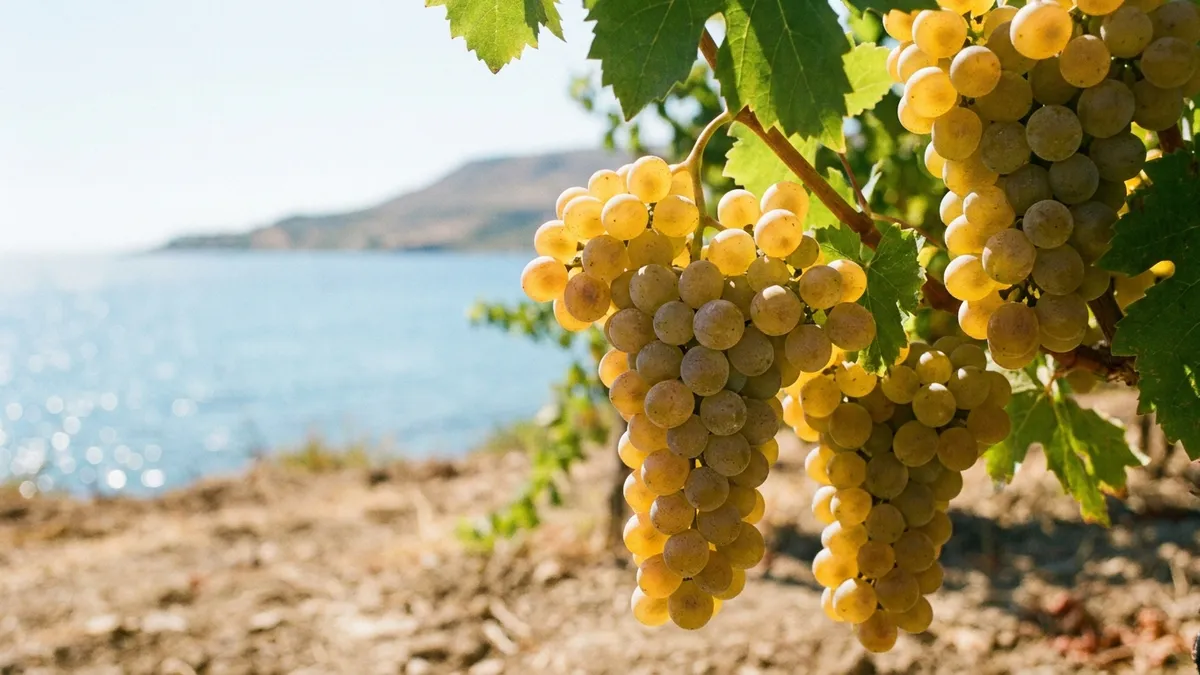 Sun-drenched coastal vineyard of Grillo white grapes in western Sicily, ripe golden bunches with the Mediterranean glittering beyond