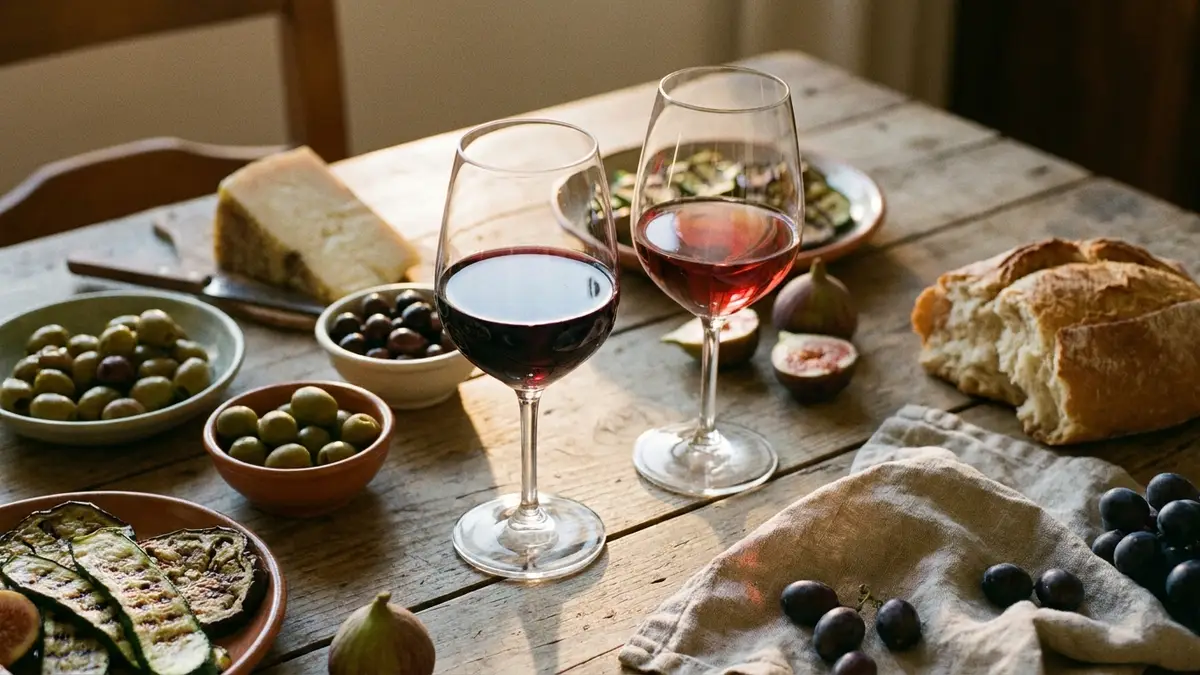 A rustic Sicilian table with a glass of deep Nero d'Avola red beside a pale Etna Rosso, olives, aged cheese, and grilled vegetables in warm afternoon light