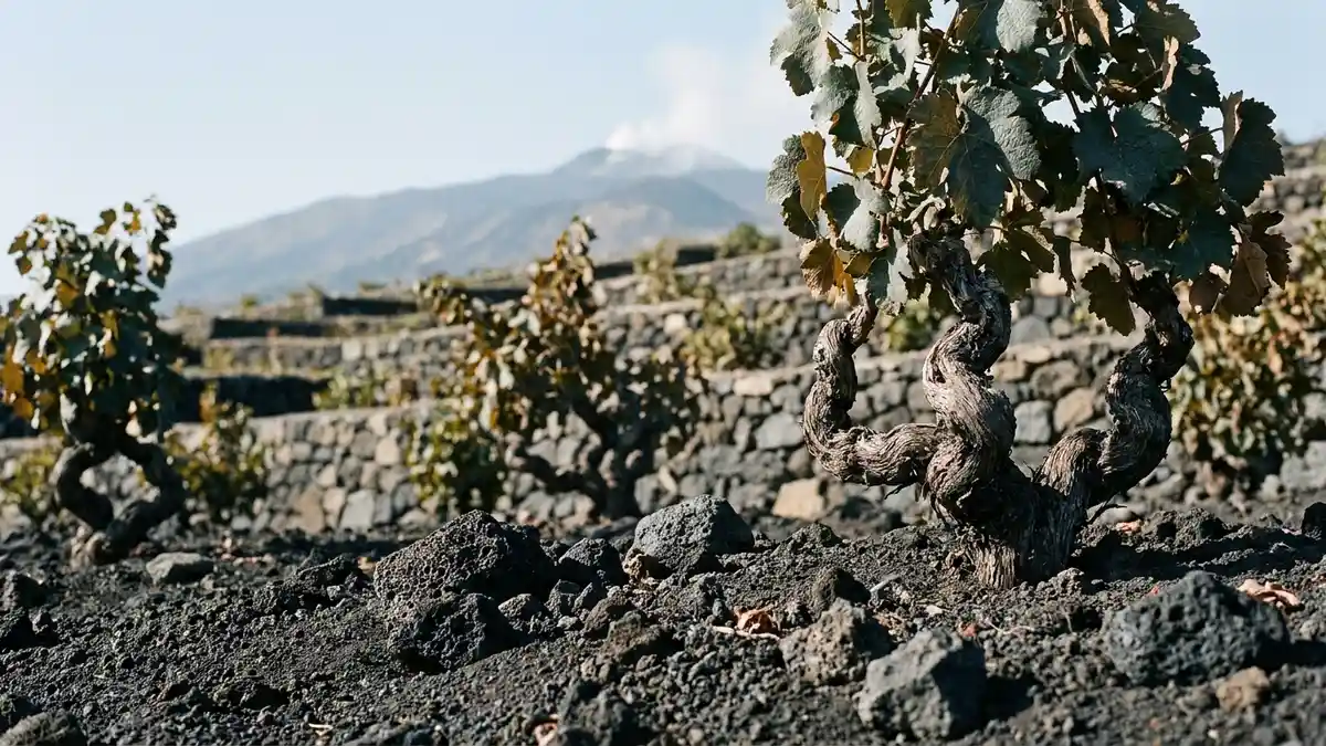 Old bush-trained Nerello Mascalese vines growing in black volcanic ash soil on the high terraced slopes of Mount Etna