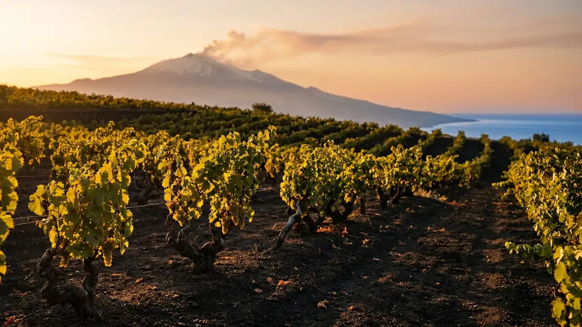 Old bush-trained vines on the dark volcanic slopes of Mount Etna in Sicily at golden hour, the smoking summit rising behind terraced vineyards