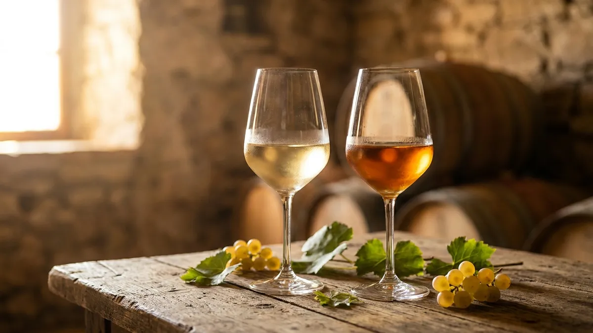 Two glasses side by side, one pale gold fresh Rebula and one deep amber orange wine, on a rustic wooden table in a sunlit Slovenian cellar