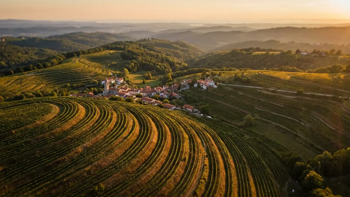 Aerial view of terraced vineyards in western Slovenia rolling down green hills toward a small village near the Italian border at golden hour
