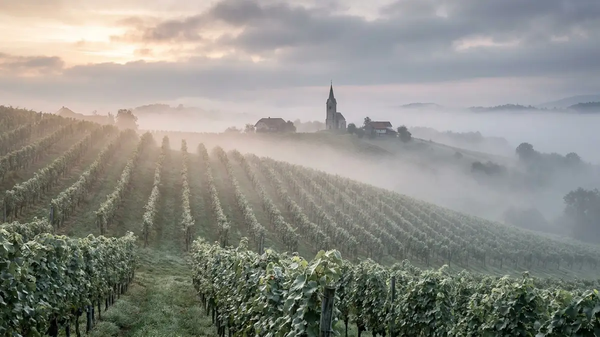 Misty cool-climate vineyard hillside in northeastern Slovenia at dawn, neat rows of white grape vines with an old church spire in the distance