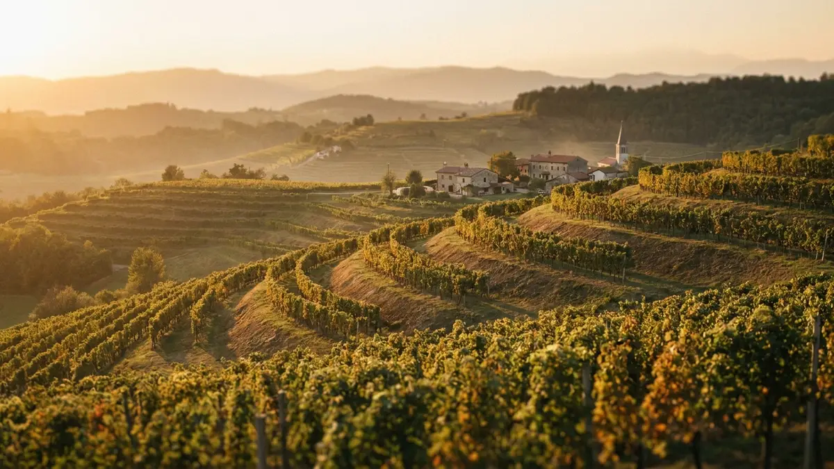Terraced hillside vineyards of the Brda region in western Slovenia at golden hour, rows of vines rolling toward forested hills near the Italian border