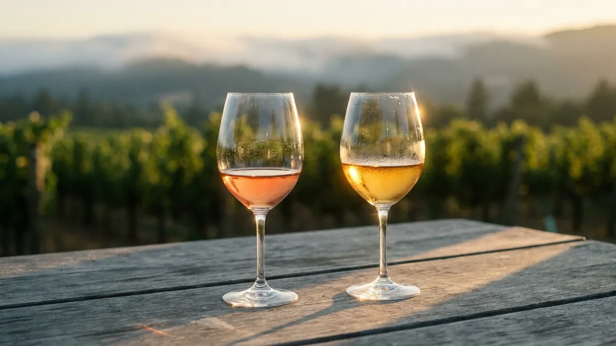 Pale ruby Pinot Noir and golden Chardonnay glasses on a weathered wooden table overlooking a fog-cooled Russian River vineyard