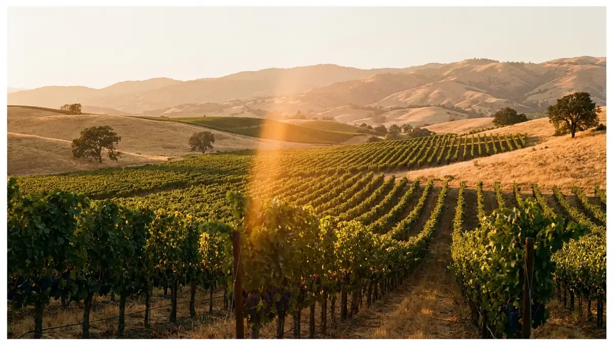 Warm afternoon light over a broad inland Sonoma valley with ripening Cabernet vines climbing low golden hills