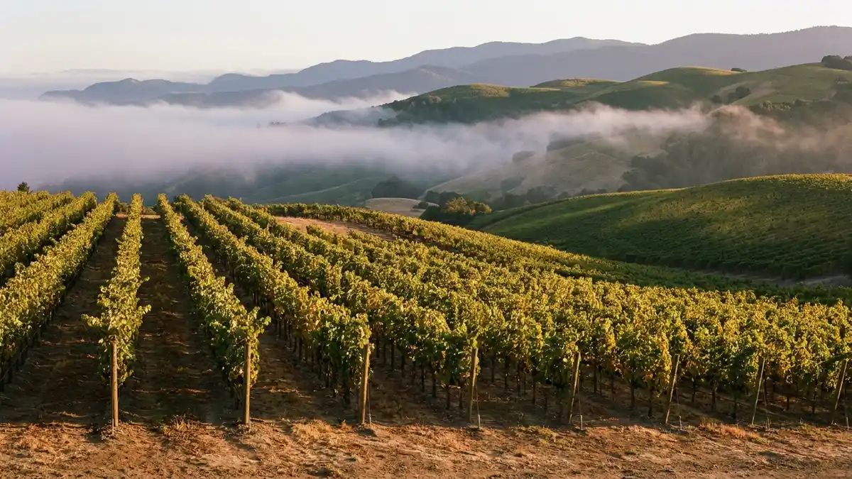 Coastal Sonoma County vineyard at golden hour with morning fog lifting off ridgelines above rows of Pinot Noir vines