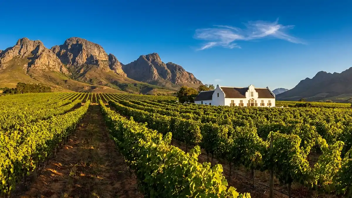 Vineyards in Stellenbosch with the Helderberg Mountains rising behind rows of vines under a clear sky