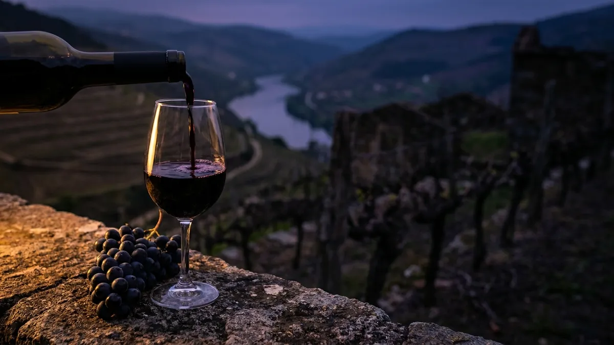 Inky dark Malbec pouring into a glass beside the Lot river vineyards of Cahors at dusk