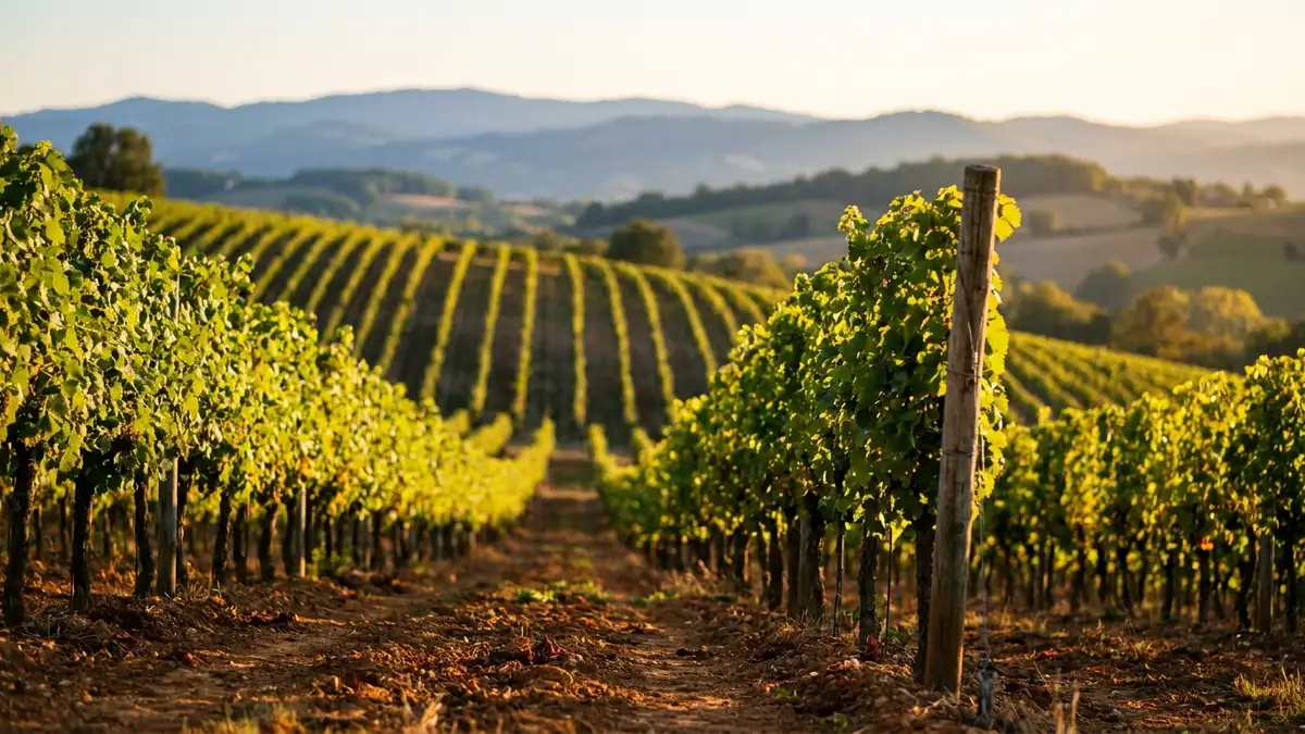 Sunlit vineyard rows on a gentle hillside in South West France with the Pyrenees foothills blurred in the distance