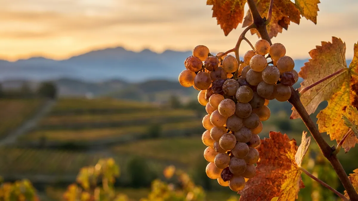 Late-harvest Petit Manseng grapes shrivelling on the vine in the Jurançon hills with the Pyrenees behind