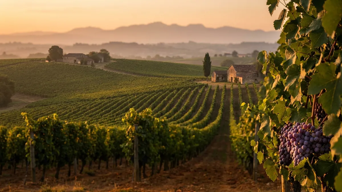 Sunlit vineyard rows on a gentle hillside in South West France with the foothills of the Pyrenees blurred in the distance at golden hour