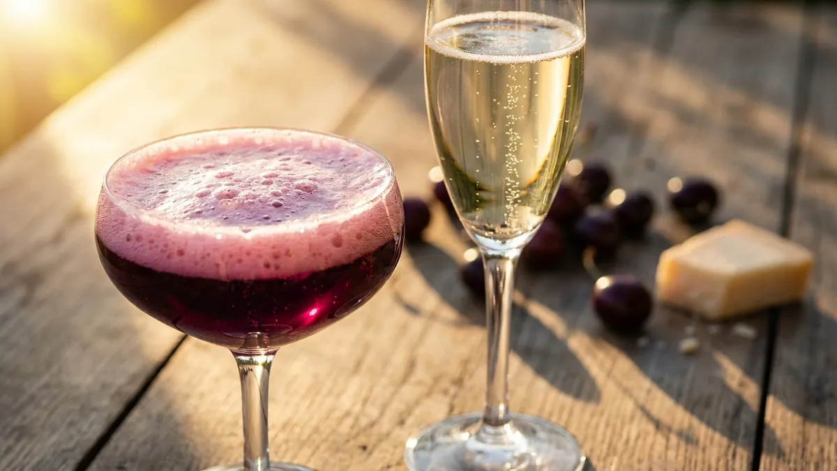A coupe of frothy purple-red sparkling Lambrusco with a pink foamy head beside a flute of pale gold sparkling wine on a rustic wooden table in warm light