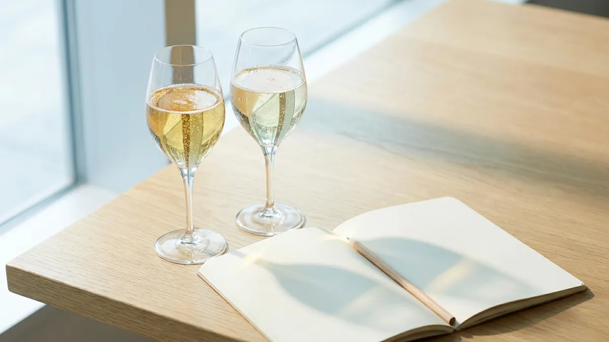 Two stemmed glasses of sparkling wine side by side on a wooden table beside a blank open notebook and a pencil in soft window light