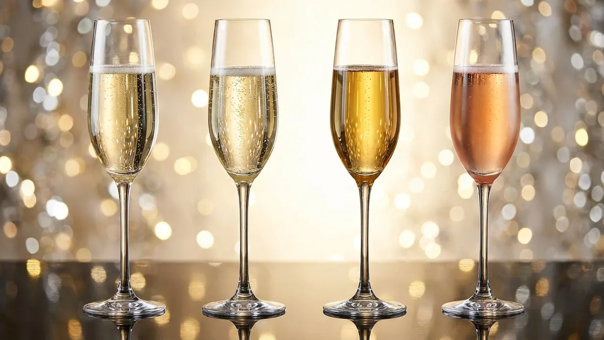 Flutes and coupes of sparkling wine with rising bubbles in golden light