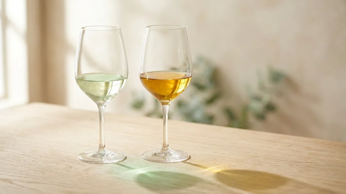 Two glasses of white wine side by side, one pale green-straw and one deep honey gold