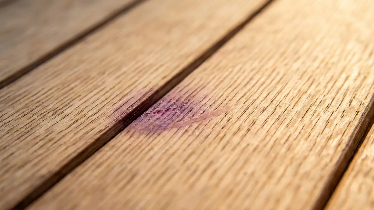 Close-up of the fine grain on oak barrel staves, with red wine soaked into the wood along one seam