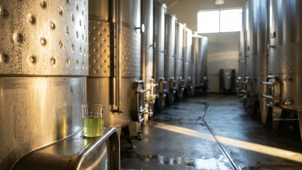 A row of stainless steel wine tanks with frosted cooling jackets, a beaker of pale grape juice in the foreground