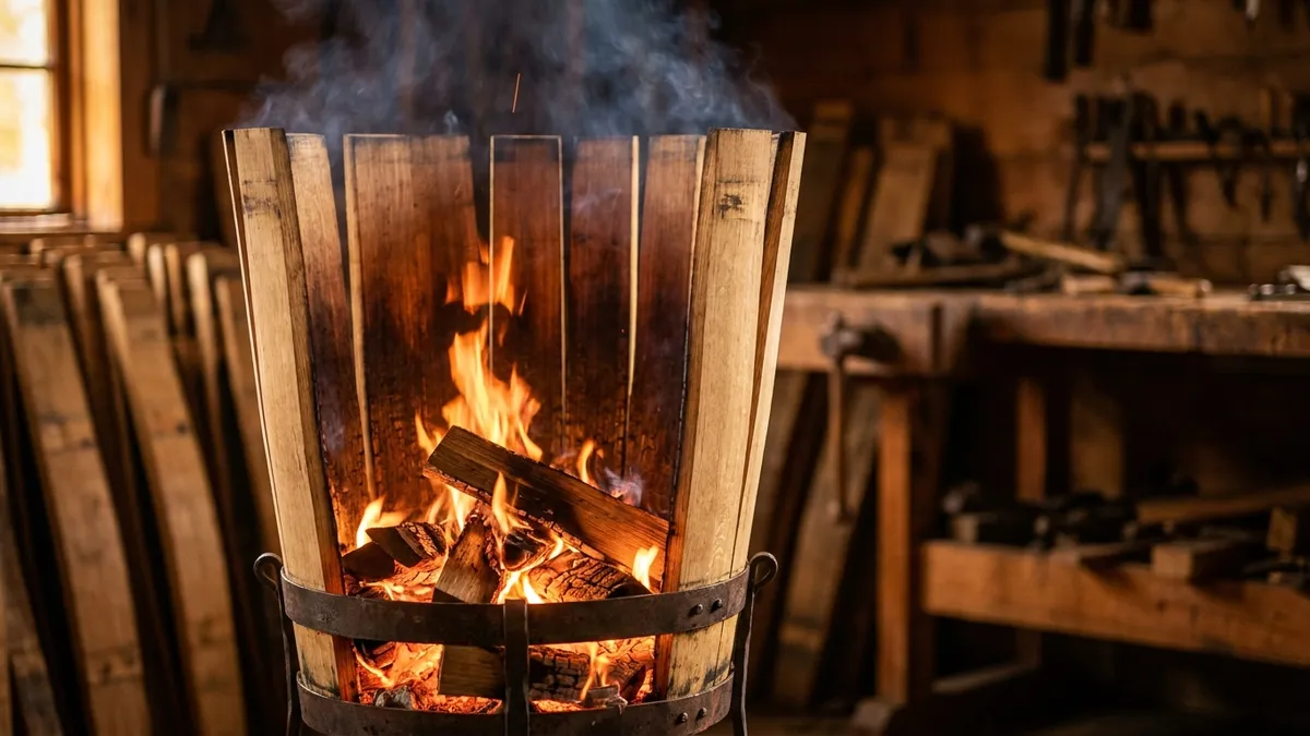 An open oak barrel shell being toasted over a small fire, its inner staves darkening from honey to char