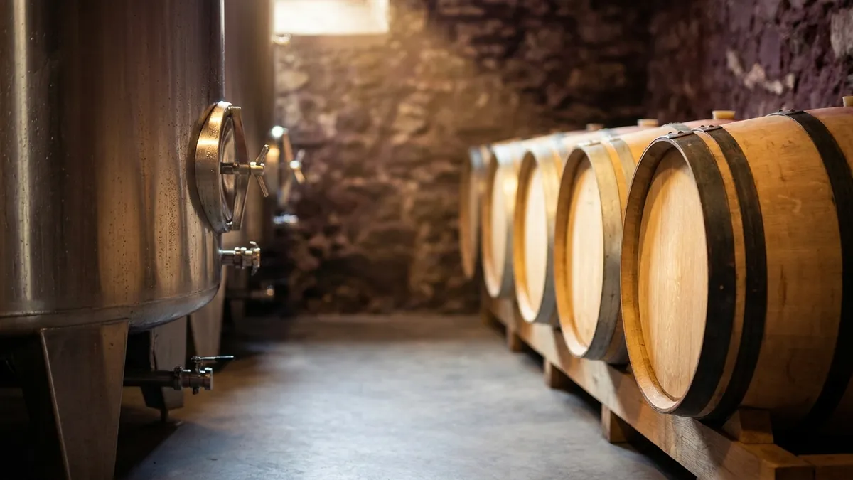 A polished stainless steel wine tank beside a row of pale oak barrels in a warmly lit winery cellar