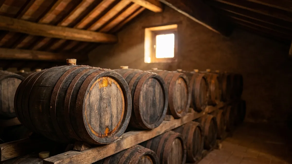 Rows of small old wooden barrels stacked under the sloping roof beams of a Tuscan attic, lit by warm afternoon light through a small window