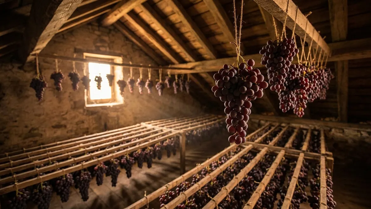 Bunches of wine grapes hanging from wooden rafters and resting on slatted racks in a dim, airy attic, lit by warm light from a small window