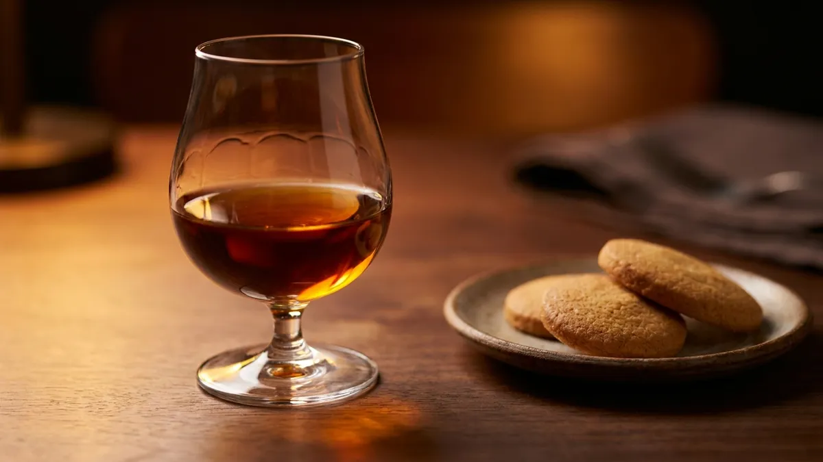 A small tulip glass of deep amber dessert wine glowing in low side light on a dark wooden table, next to a few almond biscuits