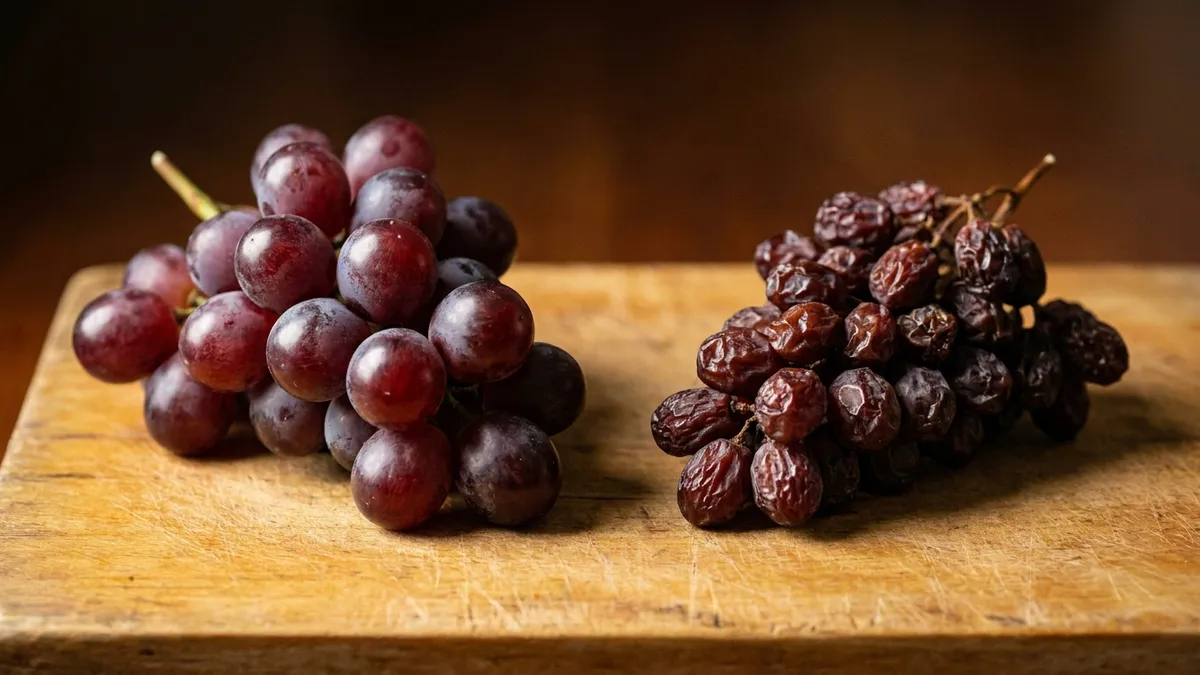 A plump cluster of fresh red wine grapes beside a shrivelled, raisined cluster of the same size on a rustic wooden board, lit from one side