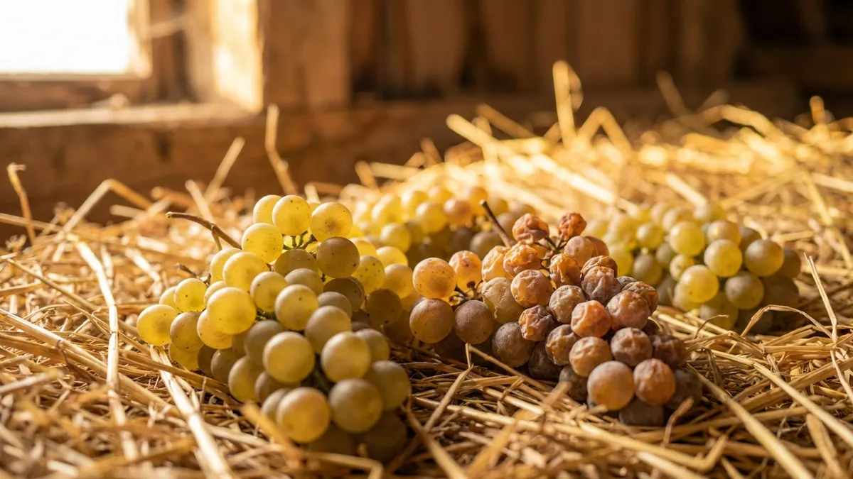 Bunches of ripe white wine grapes drying on a bed of golden straw in a sunlit wooden loft