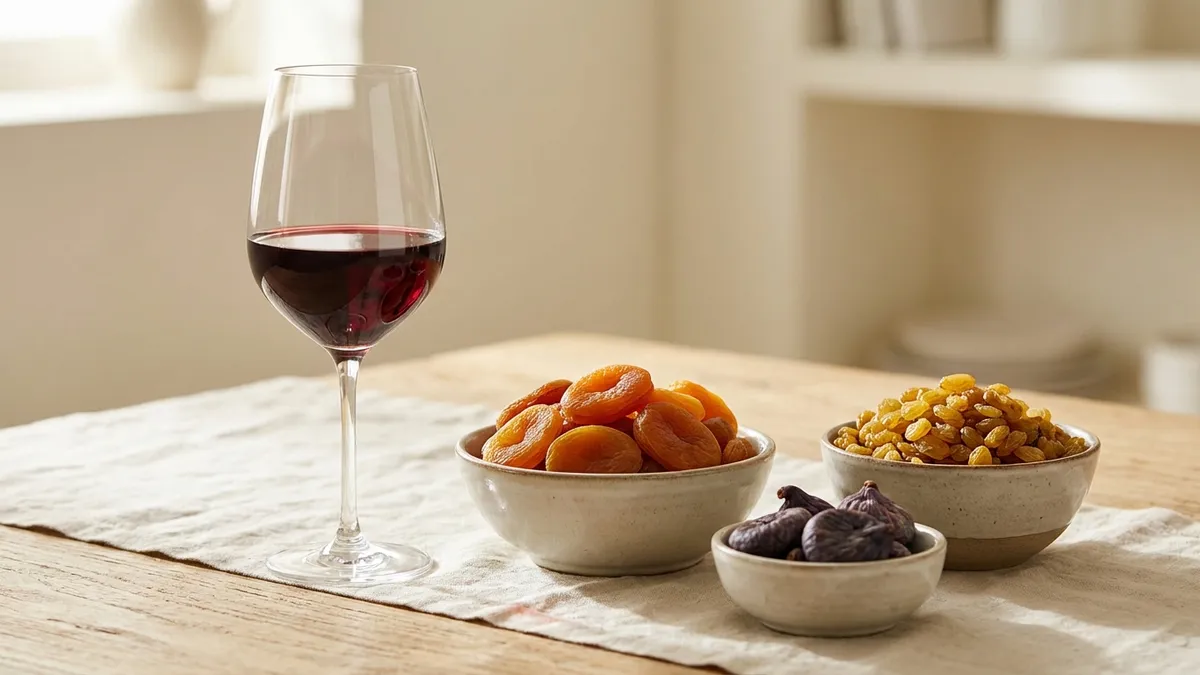 A glass of red wine set on a neutral surface beside a small bowl of dried apricots and raisins, illustrating that dried fruit contains far more sulfites than wine