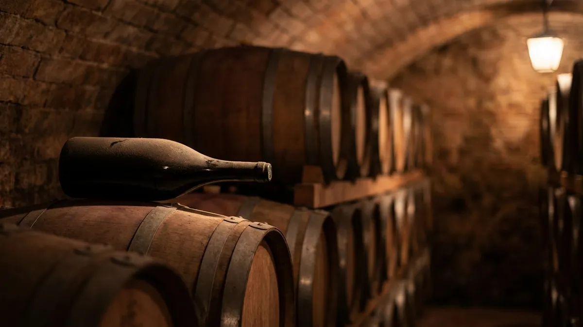 A dusty dark wine bottle resting on its side among stacked oak barrels in a dim Tuscan cellar lit by one warm lamp