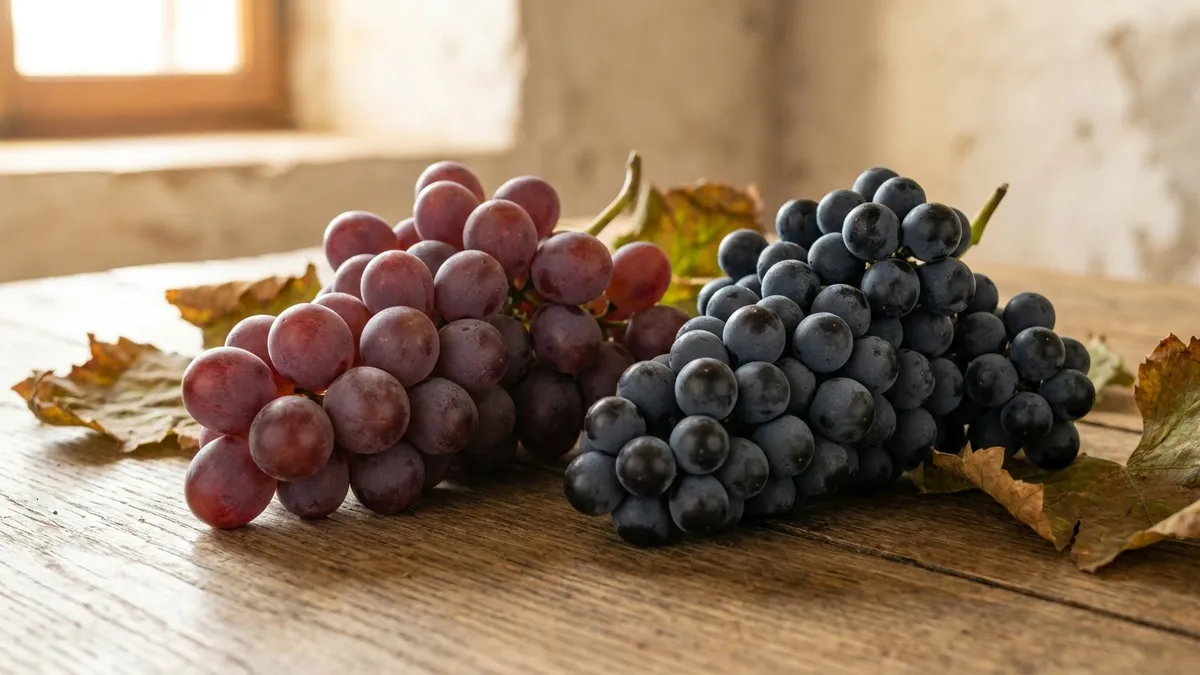 Two clusters of dark red wine grapes side by side on a rustic wooden table in warm light, one purple-red and one blue-black